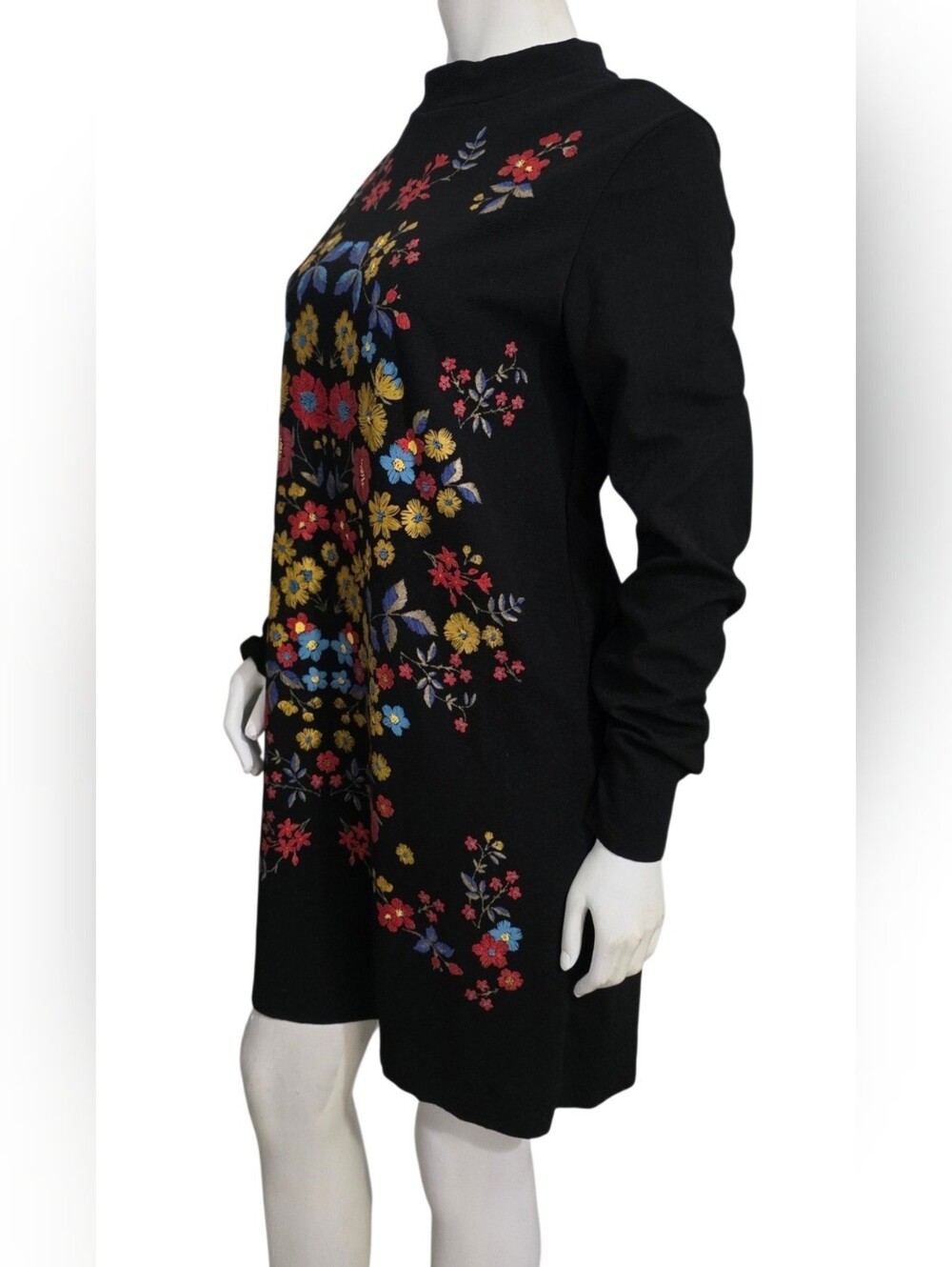Zara Black Long-Sleeve Mini Dress with Multicolor Floral Embroidery Size L NWT - Picture 6 of 14